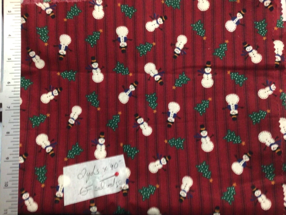 Остатки хлопчатобумажной ткани Christmas Snowmen в красную тикающую полоску 2 ярда на 40 дюймов - Изображение 1 из 1