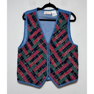 Vintage Casey & Max Quilted Plaid Patchwork Denim Vest XL Cottagecore Preppy - Picture 1 of 5