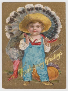 Postal de Acción de Gracias Little Boy Carries Turkey - Imagen 1 de 2