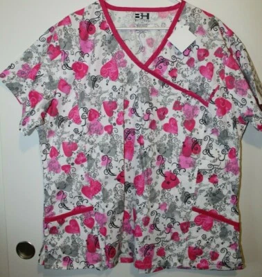 Beverly Hills Uniforms Women's White Pink Hearts Graphic Scrub Top Size 3XL - Image 1 of 4