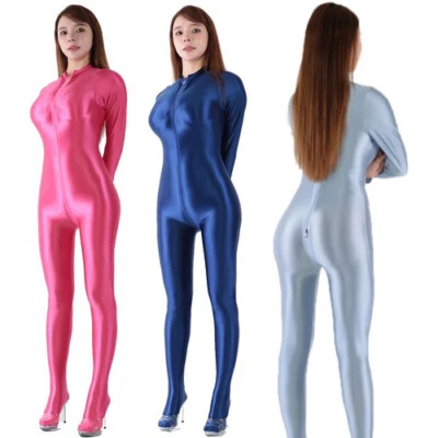 Damen Sexy Satin Einteiler Overall Fitness Yoga Jumpsuit Reißverschluss Bodysuit - Bild 1 von 4