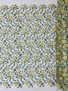 Floral Lace Fabric Yard - Metallic Gold Flowers With Green Leaves White on Tulle - Picture 1 of 6