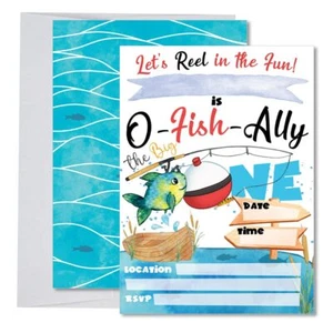 Fishing 1st O-Fish-Ally One Birthday Party Invitations for Baby Boy First Bir... - Picture 1 of 3