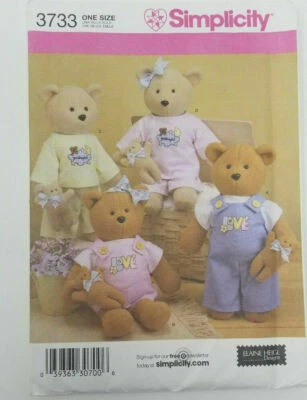 Simplicity 3733 Stuffed BEARS SEWING PATTERN  Doll Clothes 17" + 5" Elaine Heigl - Image 1 of 3