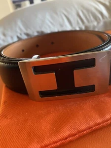 HERMES Belt Leather Blue Silver Rectangular Buckle size 105 Men - Picture 1 of 6