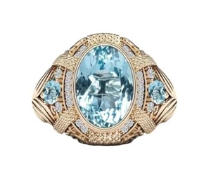 Aquamarine Wedding Signet Ring For Men 18KG 10Ct-17x12mm Genuine Moissanite Ring - Picture 1 of 7