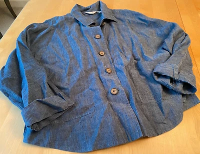 J JILL 100% LINEN BLUE FITTED PINCHED BACK JACKET BLAZER WOMENS SZ M PETITE - Image 1 of 4