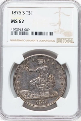 1876-S T$1 - Dólar comercial de plata tipo uno - reverso MS62 NGC. Grande S - Precioso Foto 1 de 2