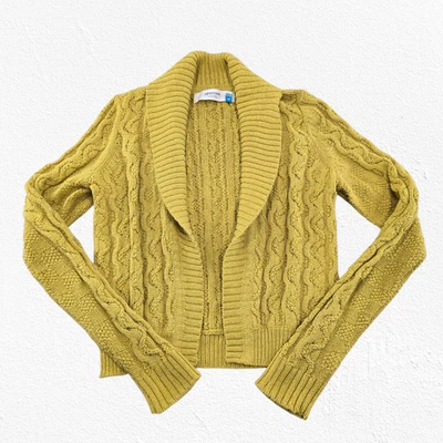 Sparrow Mustard Yellow Cable Knit Shawl Cardigan Sweater Wool Blend Size Medium - Image 1 of 4