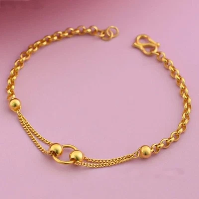 Pure 999 24K Yellow Gold Rolo Cable Beads Chain Link Women Bracelet 6.3-7.1inch - Image 1 of 4