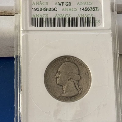 1932 S George Washington Silver Quarter 25C Old Soap Box Holder ANACS VF 20 - Image 1 of 2