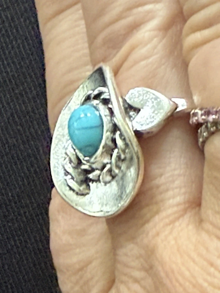 Mujer Vaquera Sombrero Anillo Talla 9 Con Corazones Piedra Turquesa Estilo Boho Western Foto 1 de 4