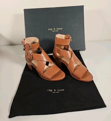Rag & Bone Mari Tan Size 6 US  Leather Back Zip Block Heel Side Rings Open Toe - Image 1 of 4