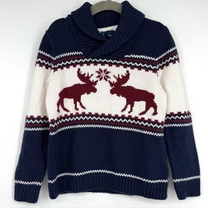 Janie and Jack Boy's Moose Shawl Collar Sweater Size 5 Navy Blue - Picture 1 of 6