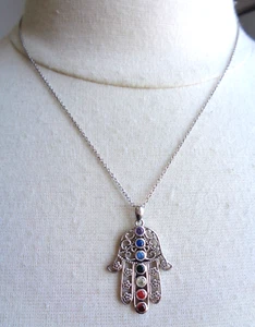 Sterling 925 Stamped, Gemstones, Hamsa Hand Pendant Necklace. - Picture 1 of 6