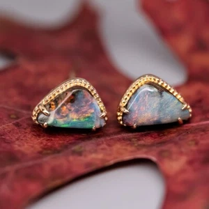 Geometric Triangle Australian Boulder Opal Stud Earrings 18K Yellow Gold - Picture 1 of 10