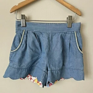 Matilda Jane Denim Chambray Shorts Girls Sz 4 Pockets Scalloped Hem Blue Flaws - Picture 1 of 10
