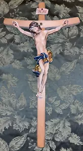 Crucifijo de Jesús tallado en madera vintage Pasión de Cristo grande 25,5"x14" Italia Alemán - Imagen 1 de 14