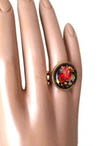 Opal Ring Red Fire 18mm Resin Opal in 18-Karat Gold Plated Stainless-Steel Band - Picture 1 of 9