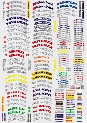 Tyre Tire Manufacturers Sticker Sheet A4 for 1:10 RC car, truck or crawler - Image 1 of 4