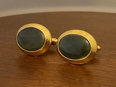 Vintage SHIELDS Signed CuffLinks Gold Tone Green Stone - Image 1 of 2
