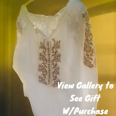  NWOT WOMENS AUTHENTIC GREEK PEASANT BLOUSE WHITE  GOLD BROWNS EMBROIDERY  - Image 1 of 4
