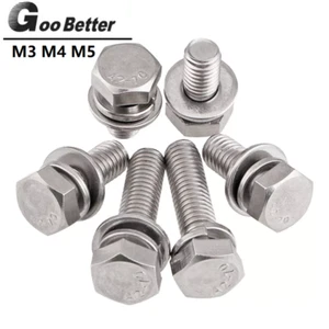 Hex Head Set Screw Bolts M3 M4 M5 + Flat Wahser and Spring Washers A2 Stainless - Picture 1 of 4