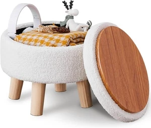 Creme Samt Aufbewahrung Ottomane Runde Fußstütze Weich Gepolstert Sitz Holz Beine Akzent - Bild 1 von 6