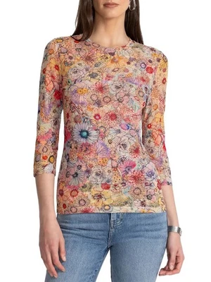Camiseta informal Johnny Was para mujer talla pequeña cuello redondo multicolor floral manga media Foto 1 de 4