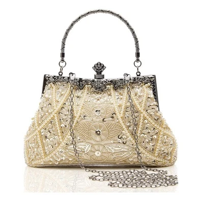 Babeyond Beaded Purse Evening Handbag Clutch with Shoulder Chain Pearl Sequin - Image 1 of 4