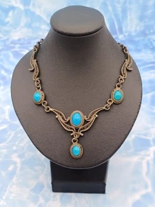 Vintage Ornate 925 Silver Filigree Turquoise Glass Chain Necklace - Picture 1 of 16