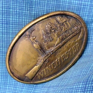 Winchester Firearms Promo Belt Buckle Deer Hunter Vtg 80s Indiana Metal C.QRT324 - Picture 1 of 8