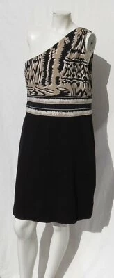 BCBG MAXAZRIA Negro Beige Estampado Ponte Tejido + Jersey Un Hombro Vaina Vestido L Foto 1 de 4