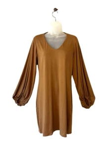 NEW! Long Balloon Sleeve Shift Dress Tan Chestnut Brown Knee Length MEDIUM 6 8 - Picture 1 of 6