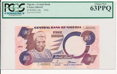NIGERIA 5 NAIRA PICK 24h 2004 - 2005 PCGS CHOICE NEW 63 PPQ - Image 1 of 2