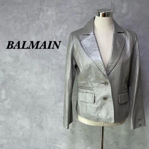 BALMAIN Lamb Leather Tailored Blouson Jacket Women Size 11 L Greige Logo - Picture 1 of 9