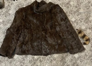 Vintage 80s Size M Brown Rabbit Fur Coat With Muffler Collar Pockets Hook & Loop - Picture 1 of 22