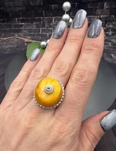 Rare Antique Natural Genuine baltic amber BUTTERSCOTCH EGG YOLK ring 9.5 silver - Picture 1 of 17