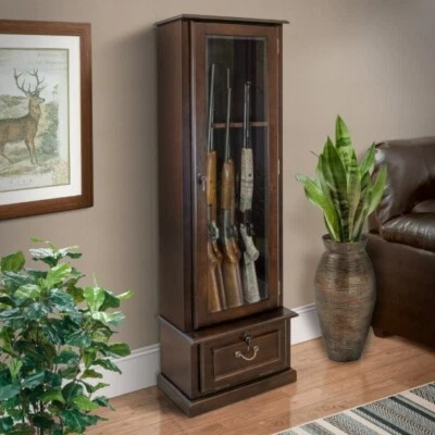 8 Gun Rifle ESPRESSO Storage Cabinet Shotgun Locked Organizer Wood Display Home - Image 1 of 4