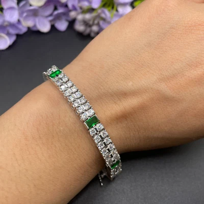 Double Row white gold finish Created Diamond & Green Emerald bracelet Gift Boxed - Image 1 of 4