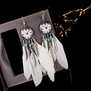 Fashion Women White Boho Feather Earrings Tibetan Jewelry Brincos Bijoux Vintage - Picture 1 of 43