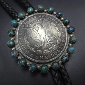Taos Pueblo L. ARCHULETA Sterling Silver TURQUOISE MORGAN Dollar Eagle Bolo - Picture 1 of 15