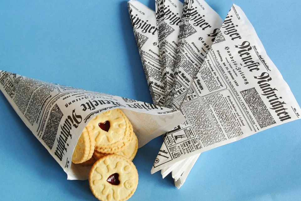 50 Papiertüten Spitztüten Papierspitztüten Zeitungsdruck Fingerfood Pommestüten - Bild 1 von 1