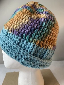 Handgestrickte Grobstrickmütze Beanie Teenager/Kleine Erwachsene/Türkis-Rost-Lila Multi - Bild 1 von 8