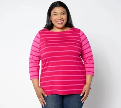 Top Isaac Mizrahi Live Manga 3/4 Hilado Tinte Rayas Cuello Barco Talla 1X Rayas Rosa Foto 1 de 4