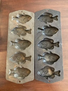 Menge 2 Vintage Lodge USA 5PP2 Schwer Gusseisen Fisch Barsch Maisbrot Formen Pfannen - Bild 1 von 8