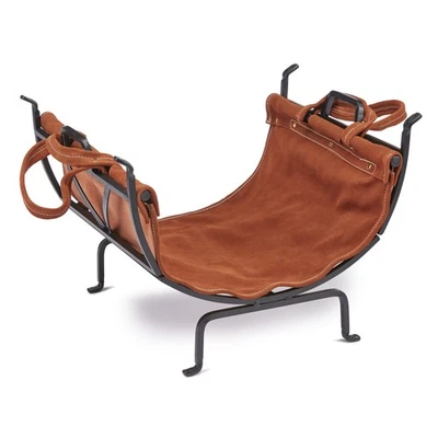 Black Wrought Iron Firewood Log Holder with Leather Carrier - Image 1 of 4