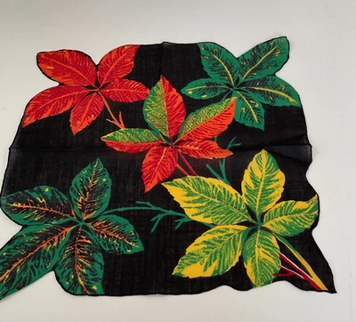 DE COLECCIÓN HANKIE - HERMOSO NEGRO CON HOJAS DE COLORES OTOÑALES 13" LINO Foto 1 de 4