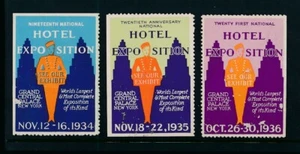 USA 1934 1935 1936 HOTEL EXPOSITION ADVERTISING POSTER LABELS - Picture 1 of 2
