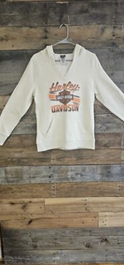 HARLEY DAVIDSON LADIES SMALL V-NECK HOODED PULL OVER TAN FRONT LOGO HAND POCKEY - Picture 1 of 6